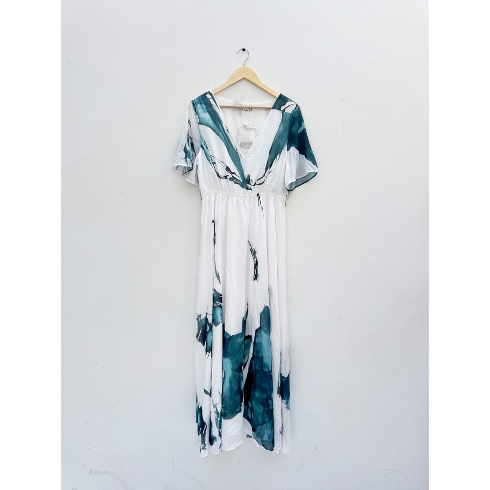 NWT Fehaute White Teal Watercolor Print Maxi Dress Size US10 V-Neck